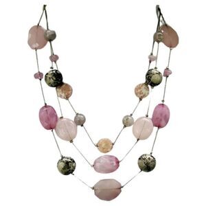 Vintage NY Pink Silver Swirl Glass Beaded Multi Strand Silver Tone Necklace